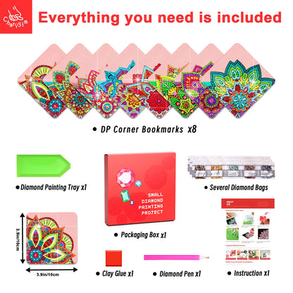 8 PCs Diamond Art Corner Bookmarks Leather Dimond Painting Book Mark Kit for Adults Paint by Dots Bookmarkers Craft DIY Gem Small Dotz Gifts for Women Mandala Flower Pink Lotus
