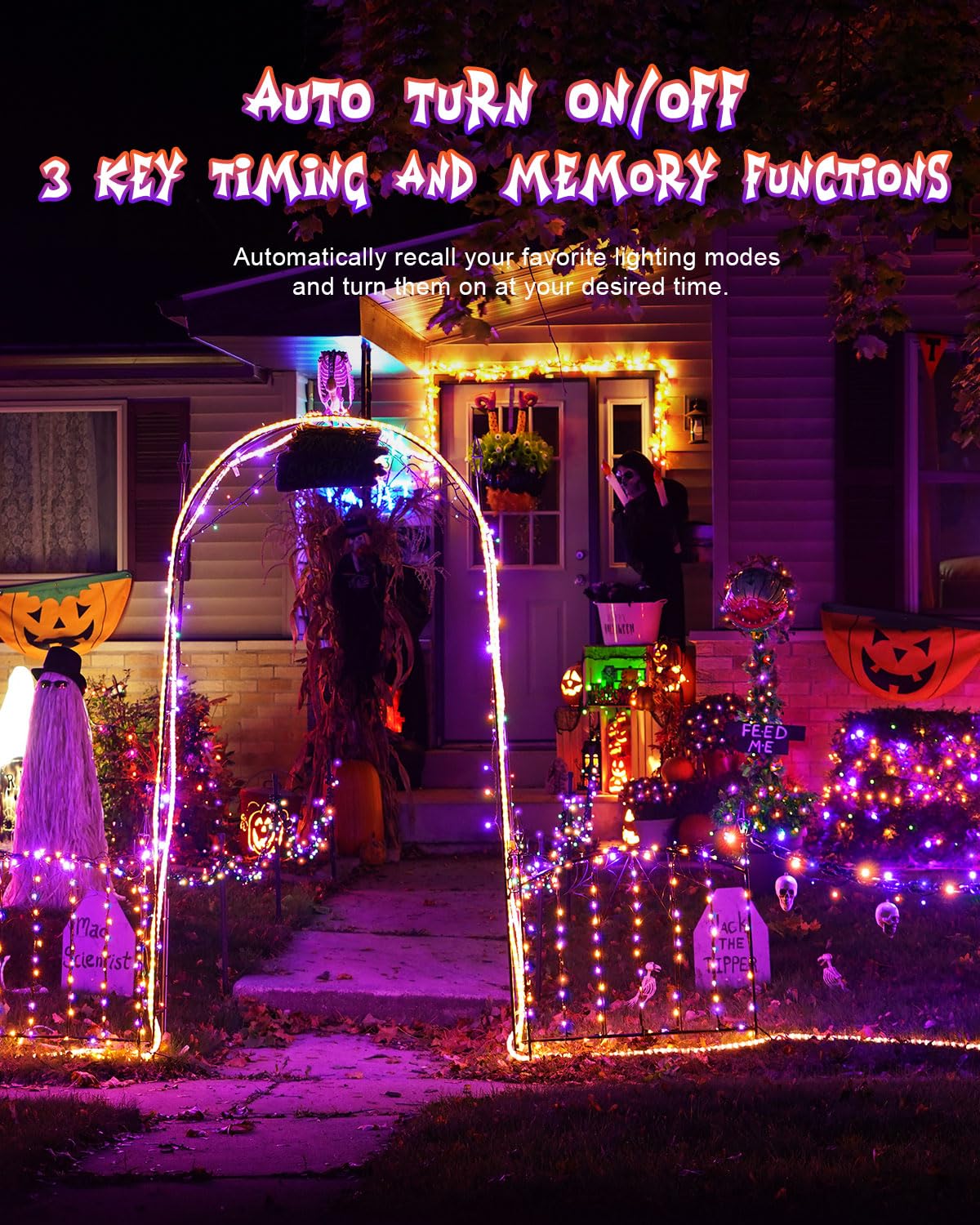 JIXXULVU 125 FT 380 LED Halloween String Lights, Outdoor Waterproof Black Wire with 8 Modes, Timer & Memory, Plug-in Halloween String Lights for Indoor Yard Tree Decorations, Purple & Orange