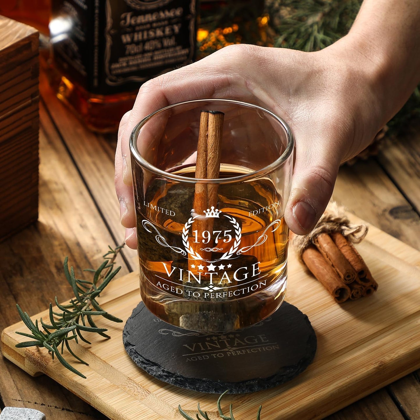 50th Birthday Gifts for Men Whiskey Glass Set - 50th Birthday Decorations, Party Supplies - 50 Year Anniversary, Bday Gifts Ideas for Him, Dad, Husband, Friends - Wood Box & Whiskey Stones & Coaster