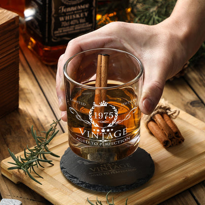 50th Birthday Gifts for Men Whiskey Glass Set - 50th Birthday Decorations, Party Supplies - 50 Year Anniversary, Bday Gifts Ideas for Him, Dad, Husband, Friends - Wood Box & Whiskey Stones & Coaster