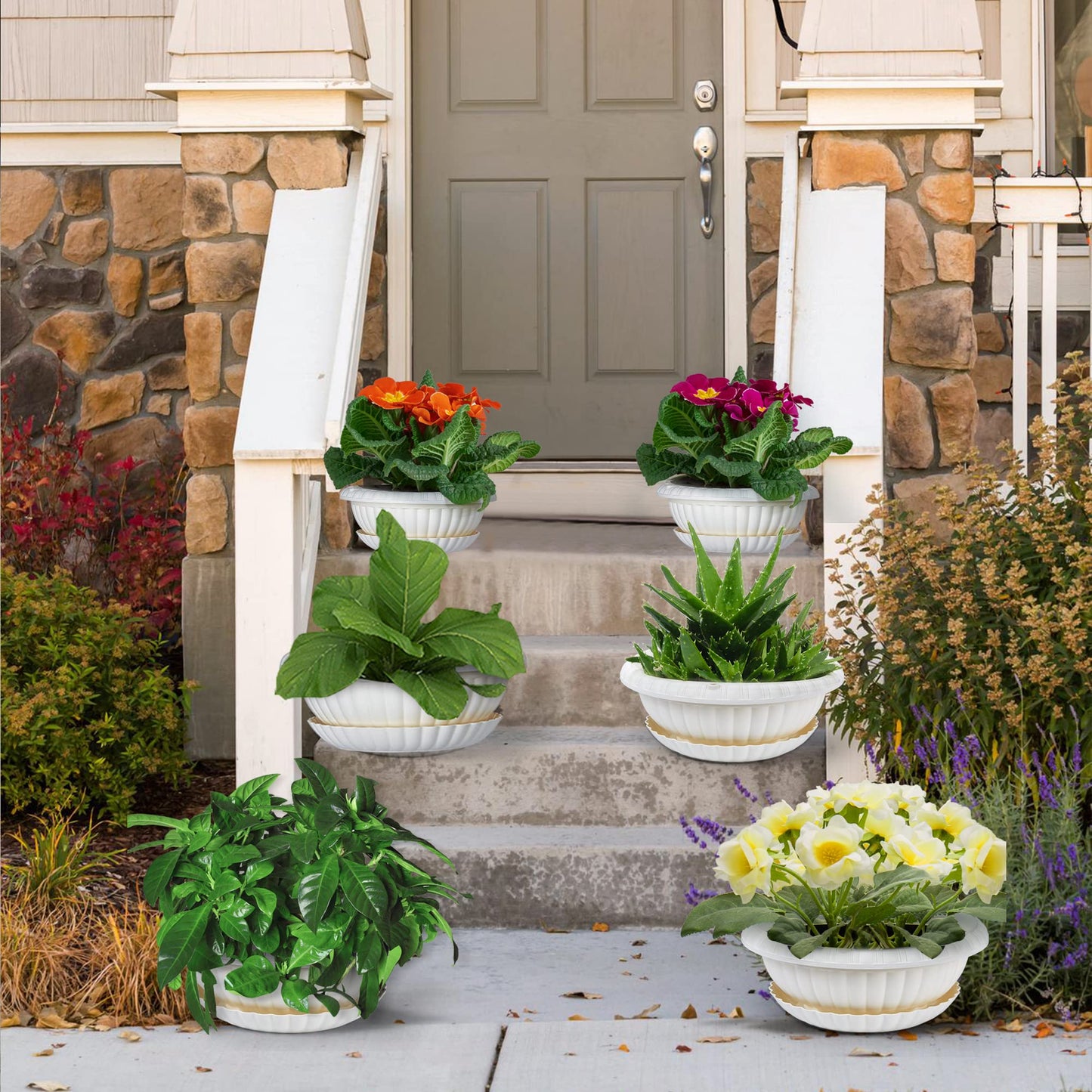 Hanging Planters, 5 Pcs 11" Hanging Pots, White Hanging Flower Pots, Hanging Plant Pots Baskets for Plants with Drainage Trays, Hanging Chains and Ceiling Hooks, Come with Free Garden Tools Set