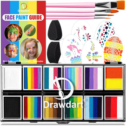 Drawdart Professional Face Painting Kit for Kids & Adults, Split Cake Face Paint Palette 12 x 10gm with Stencil, One Stroke Non Toxic Rainbow Body Paint Set for Halloween & Christmas Makeup