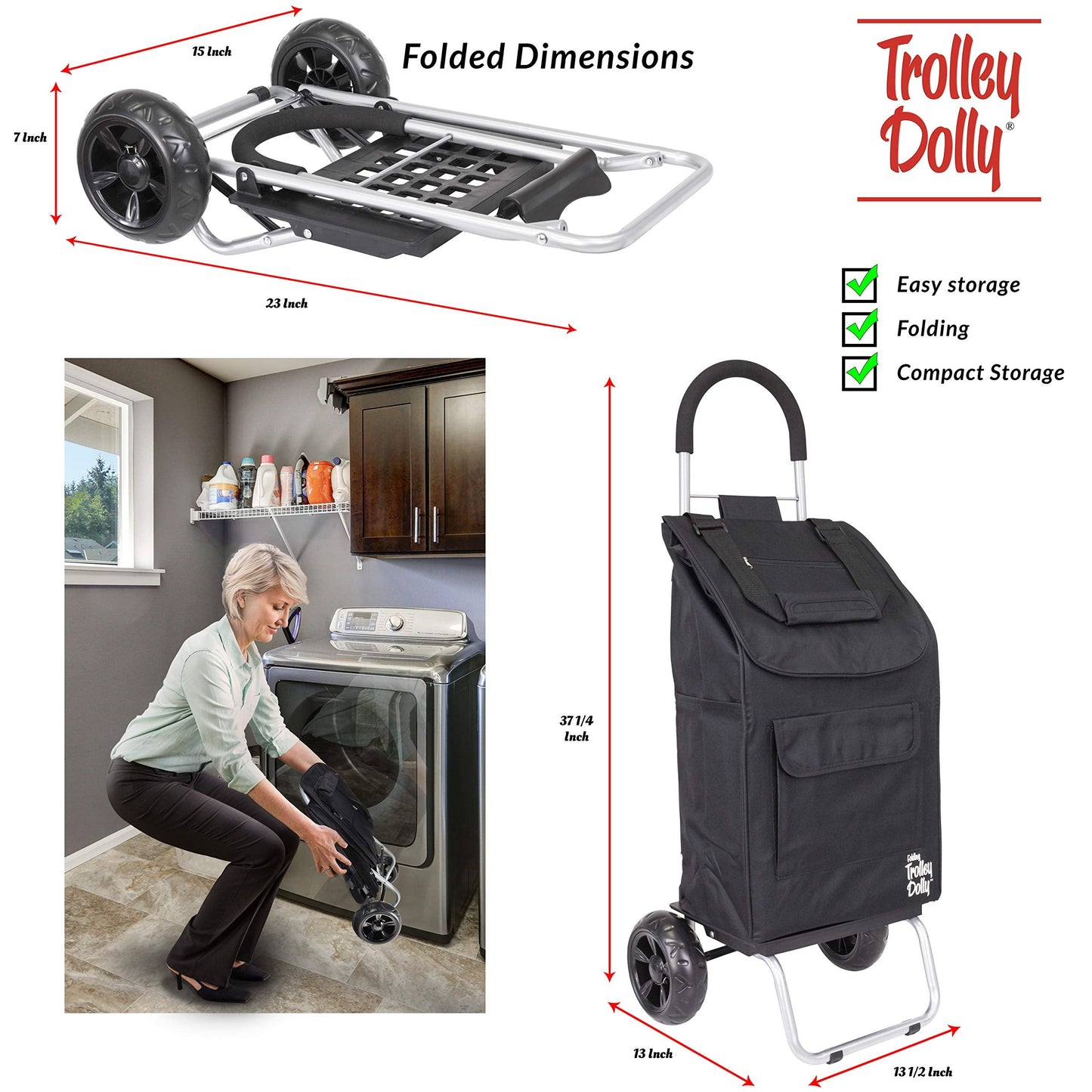 dbest products Trolley Dolly Black Foldable Shopping cart for Groceries with Wheels and Removable Bag and Rolling Personal Handtruck Standard