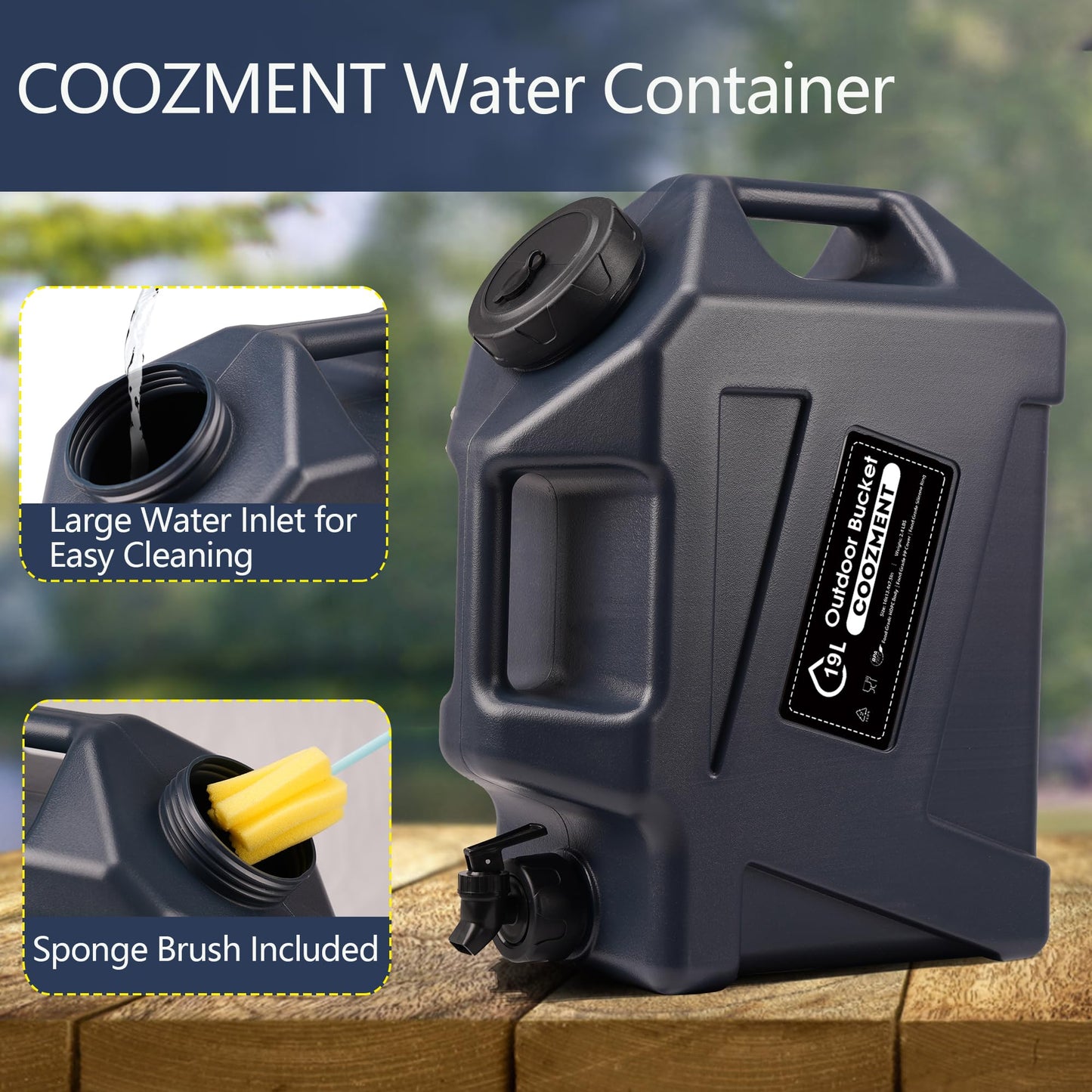COOZMENT 5 Gallon (19L) Portable Water Containers with Spigot, BPA Free Water Jug, Blue Gray Water Tank, Multifunction Water Storage Containers for Camping Outdoor Hiking,Emergency Stroage