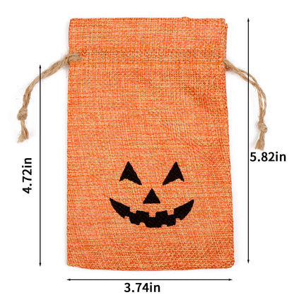 DECORA Halloween Burlap Gift Bags with Double Jute Drawstrings Candy Pouch Halloween Treat Bags with Different Designs Pack of 50