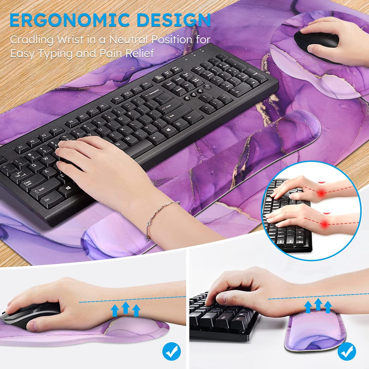iCasso Purple Ergonomic Gaming Mouse Pad with Wrist Support, 4in1 XXL Large Desk Mat - Keyboard Wrist Rest + Mouse Wrist Rest + Coaster, Marble Style Desk Pad Mousepad