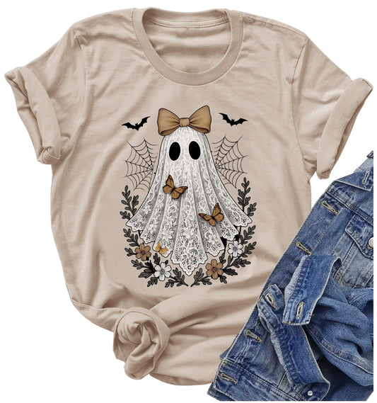 Halloween Shirts for Women Cute Ghost Shirt Vintage Graphic Tees Halloween Shirt Short Sleeve Funny Halloween Shirts (L, Ghost-Khaki)