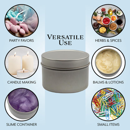 Cornucopia Brands 4-Ounce Metal Tins/Candle Tins (24-Pack); Round Containers w/Slip-On Lids for Party Favors, Candle Making, Spices, Gifts