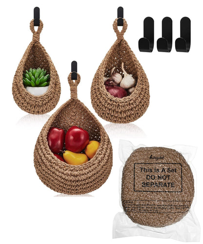 Honeydak Hanging Wall Basket Teardrop Hanging Baskets Onion Basket Coat Bohemian Storage Fruit Wall Hooks for Kitchen Wall Home Restaurant Storage Vegetable, 3 Sizes(Linen)