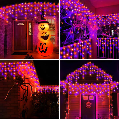 KNONEW 99FT 960 LED Orange Purple Halloween Lights Outdoor Black Wire String Lights with 180 Drops, 8 Lighting Modes, Timer Memory Function Hanging Curtain Lights for Halloween Party
