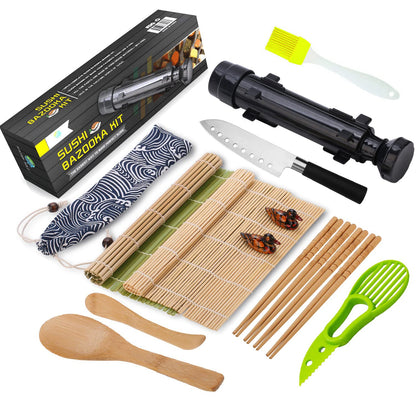 FUNGYAND Sushi Making Kit, All-in-One Bazooka Roller Set with Bamboo Mats, Avocado Slicer, Paddle, Knife, Chopstick & Holders, Cotton Bag - DIY Maki Roller Machine