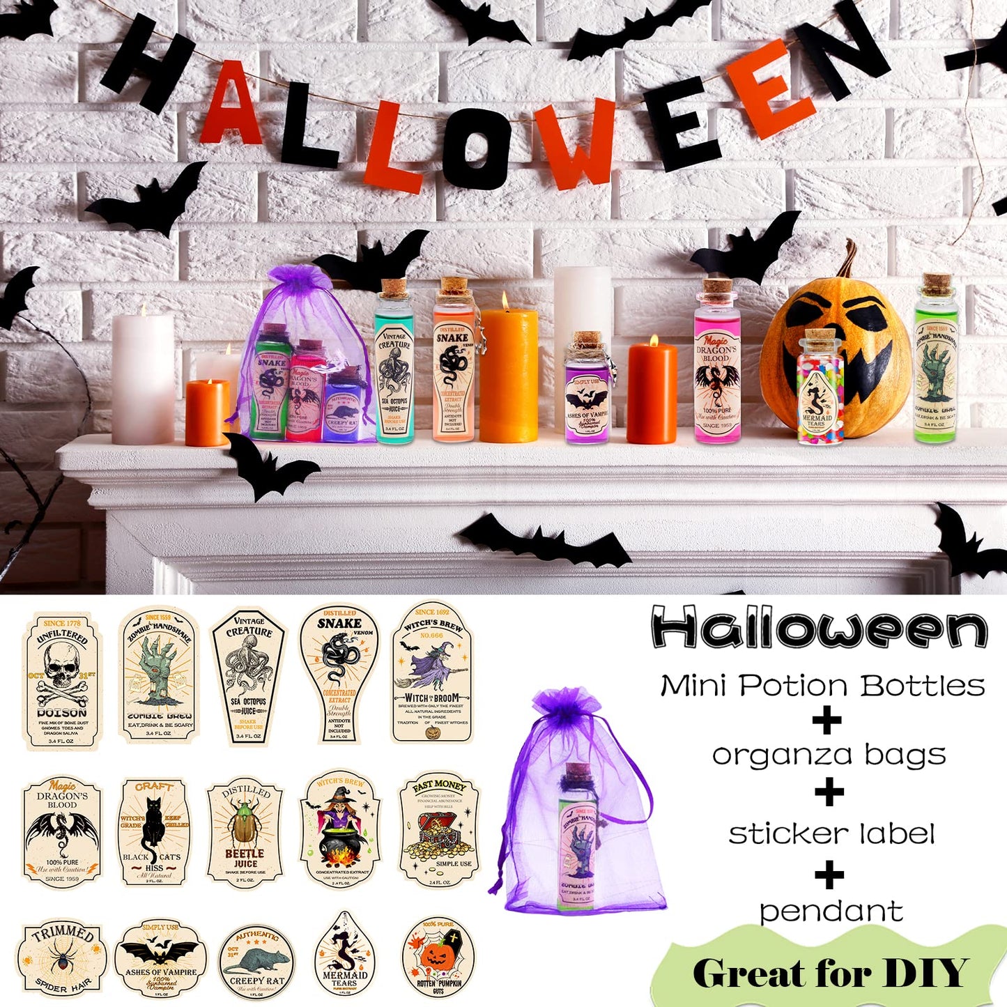 99 Pcs Apothecary Bottles Set with Halloween Stickers & Pendants - Tiered Tray Decor for Indoor Halloween Party Supplies