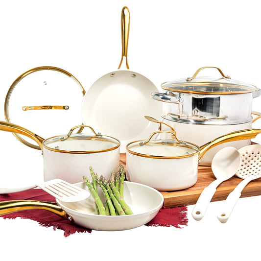 Gotham Steel 15 Pc Ceramic Cookware Set, Ceramic Pots and Pans Set Non Stick with Cooking Utensils and Steamer, Non Toxic PFOA PFOS Free, Premium Gold Stay Cool Handles, Oven & Dishwasher Safe