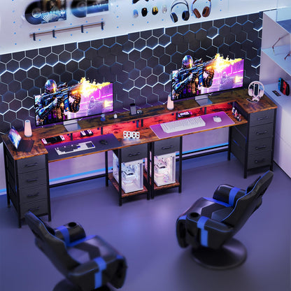 Korfile 47 Inch Computer Gaming Desk with Power Outlets LED Lights Reversible Home Office with Adjustable Fabric Storage Drawers for Working Writing Study, Rustic Brown