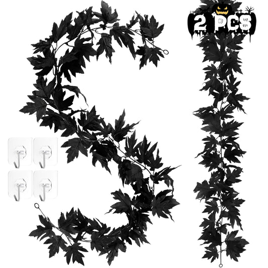 11.8FT Halloween Garland, 2 Pack Black Maple Leaf Garland, Realistic Halloween Hanging Fall Leaves Vines, Artificial Decorations Leaves Garlands Decor Outdoor Indoor Mantel Stair Decor