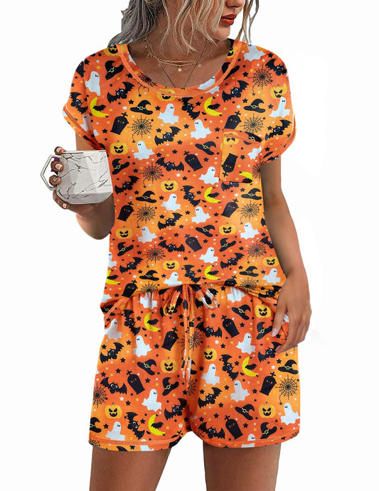 Ekouaer Womens Pajama Sets 2 Piece Soft Short Sleeve Top and Shorts Sleepwear Round Neck Pjs Lounge Set with Pockets Halloween Print X-Large