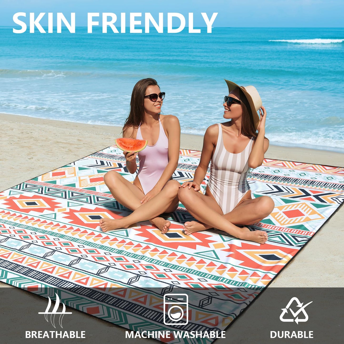 HIHOHO Beach Blanket, Sandproof Beach Mat, Waterproof Quick Drying Lightweight Outdoor Aztec Picnic Mat 79" X 83"/120"x108" for 2-8 Adults for Travel, Camping, Hiking