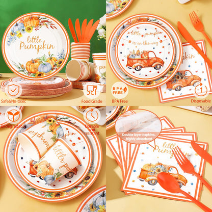 Gudvilla 168 Pcs Little Pumpkin Plates and Napkins, Fall Baby Shower Plates and Napkins Sets Serves 24, Little Pumpkin Baby Shower Decorations Boy, Orange Blue Autumn Farm Thanksgiving