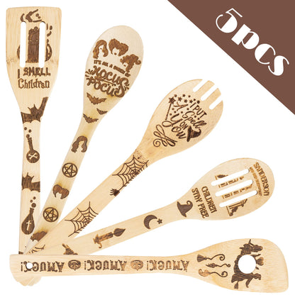 Eartim Hocus Pocus Wooden Cooking Utensil Set - 5Pcs Halloween Kitchen Cooking Gadget Natural Carve Bamboo Spoon Slotted Spatula Non-Stick Cookware Utensil Birthday Housewarming Gift Halloween Supply