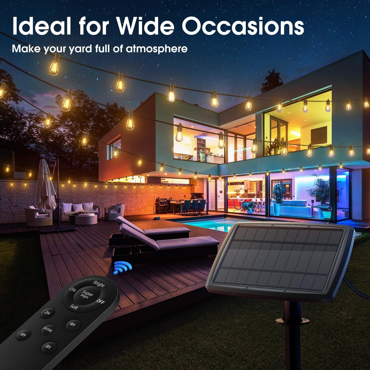 KYY 54FT Solar String Lights Outdoor Waterproof with USB Charging & Remote, Dimmable & Timable, Solar Powered Patio Lights with LED Shatterproof Bulbs for Deck Backyard Porch Garden Camping