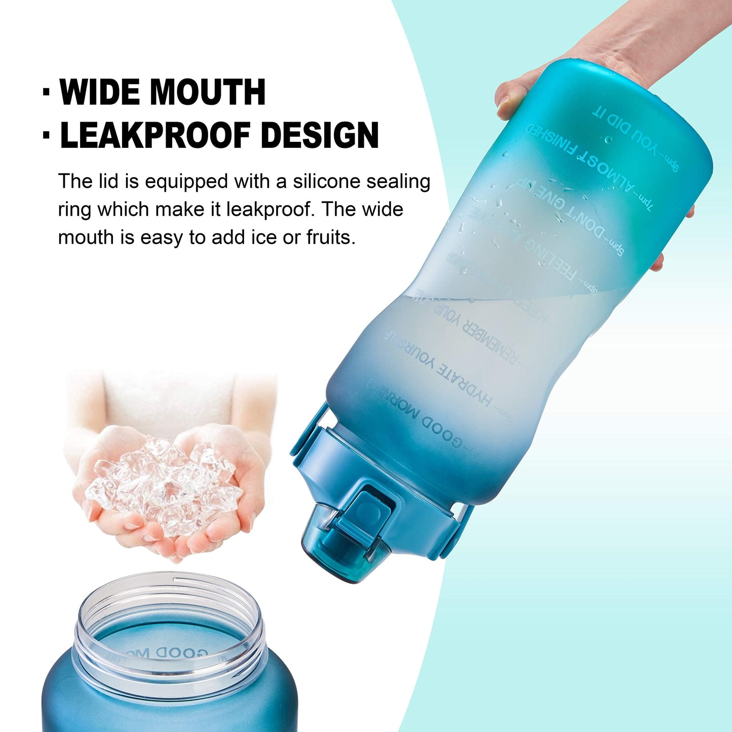 EYQ 64oz Leakproof Drinking Water Bottles, Half Gallon with Motivational Time Marker BPA Free for Fitness, Gym and Outdoor Sports (Navy/Green Gradient)