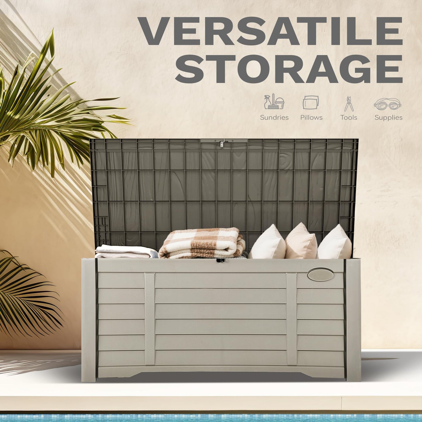 DWVO 120 Gallon Outdoor Storage Box, Large Resin Deck Box with Louver Design, Lockable Patio Storage Bin for Indoor and Outdoor Use, Pillows, Tools, and Pool Supplies -Light Brown