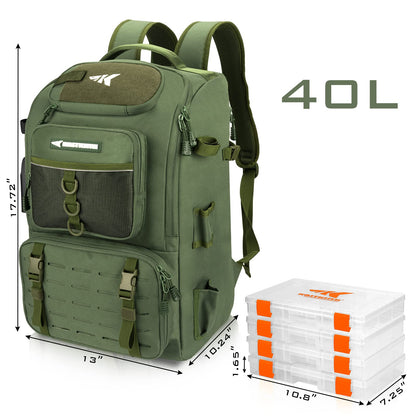 KastKing Karryall Fishing Tackle Backpack with Rod Holders 4 Tackle Boxes,40L Fishing Bag Storage Fishing Gear and Equipment