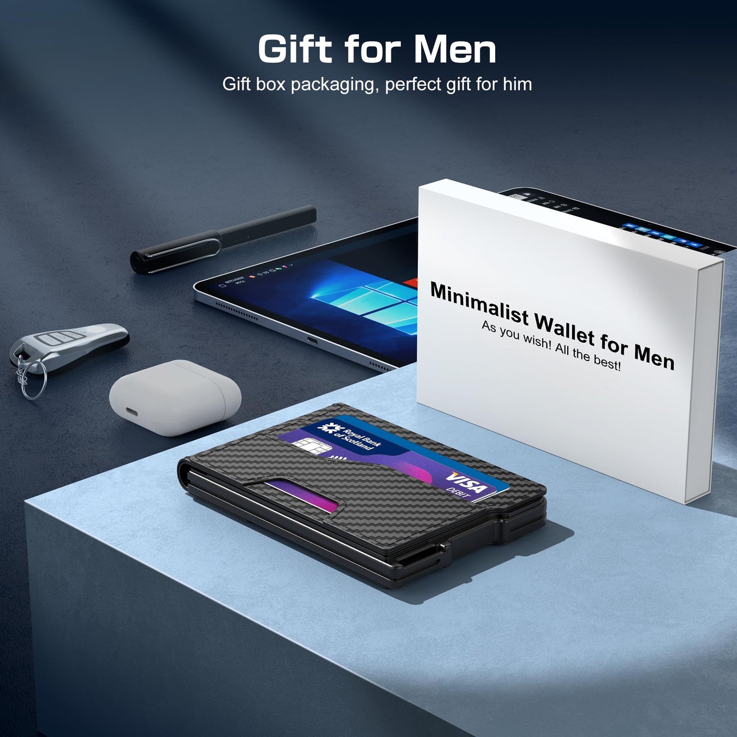 Kunlgro Wallet for Men - Pop Up Case, Cash Slot, and Credit Card Wallet - Slim Minimalist Aluminum Front Pocket Wallet with RFID Blocking/ID Window (Vertical Carbon Fiber)