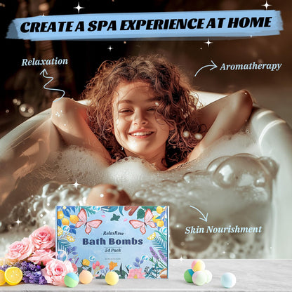 54 Pack Handmade Bath Bombs – 11 Vibrant Colors & 9 Unique Scents, Long-Lasting Fizzy Bubbles & Colorful Magic, 7-Minute Dissolve for Relaxation, Perfect for Birthdays & Summer Self-Care
