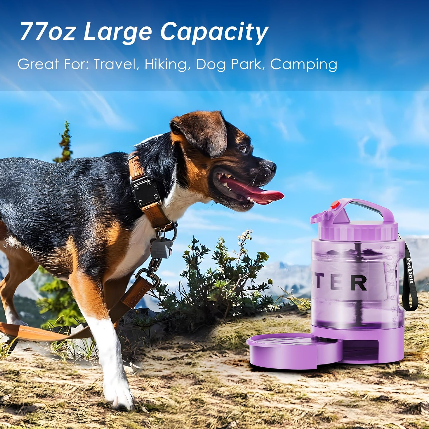 77oz Dog Water Bottle with Dispenser Bowl, 2200ml Capacity, Purple, Portable Pet Travel Bottle with Strap