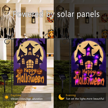 Happy Halloween Garden Flag LED Lighted Vertical Double Sided Garden Flag Halloween Castle Holiday Farmhouse Outdoor Yard Lawn Decoration 12.5 x 18 Inch