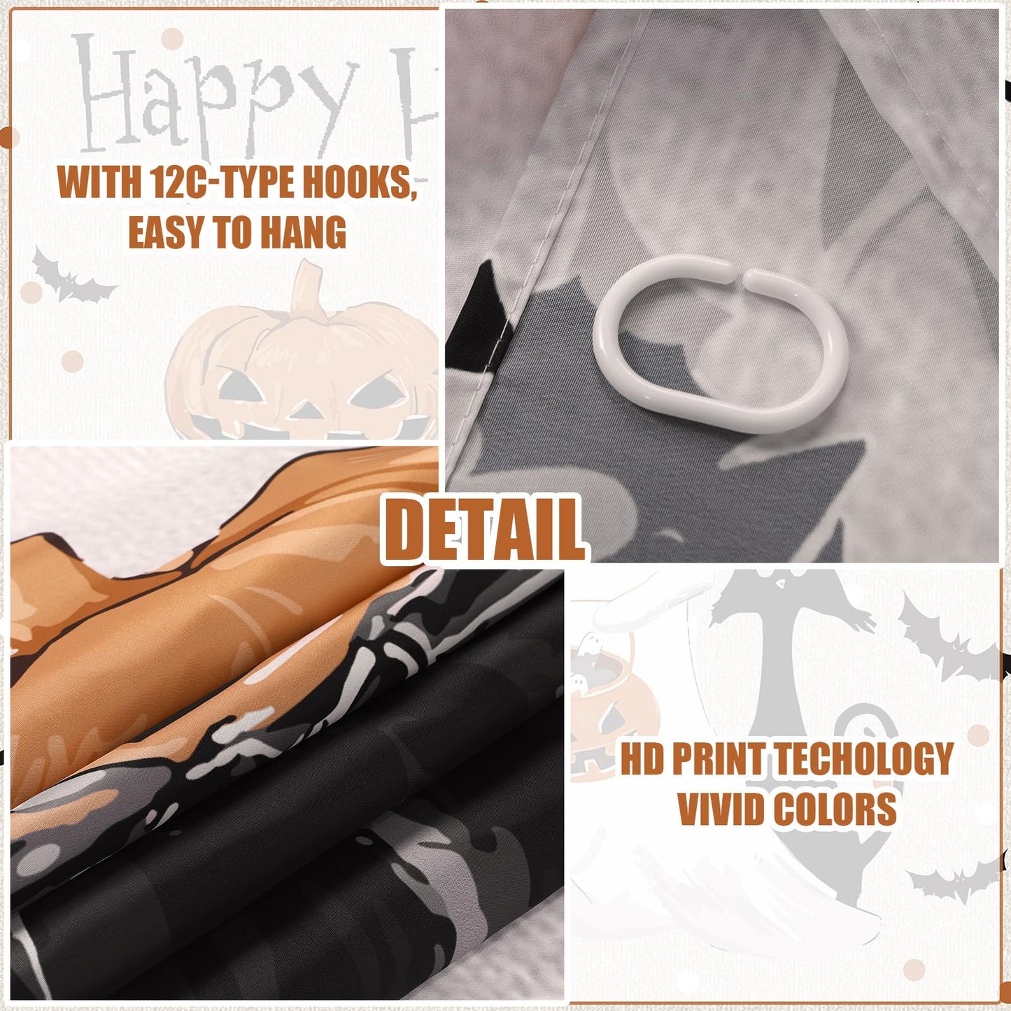 4 Pcs Halloween Ghost Shower Curtain Set 72" Halloween Bathroom Decor Set with 12 Hooks Non Slip Rug Toilet Lid Cover and Bath Waterproof Mat Restroom Shower Accessories Haunted Spooky House Decor