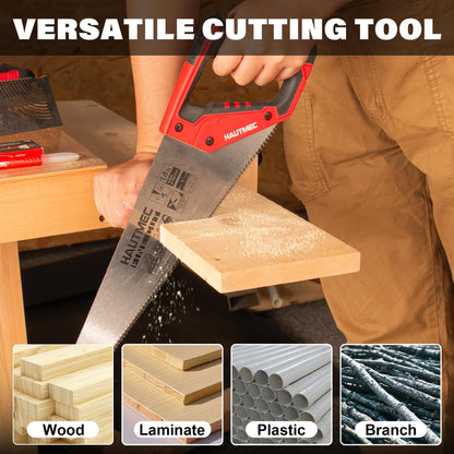HAUTMEC 14" Universal Hand Saw, 11 TPI Fine Cut Wood Saw with Hardened Triple-Ground Teeth & Bi-Material Ergonomic Handle, Compact Handsaw for Wood, Plastic, PVC, Laminate & Branch Cutting – HT0024