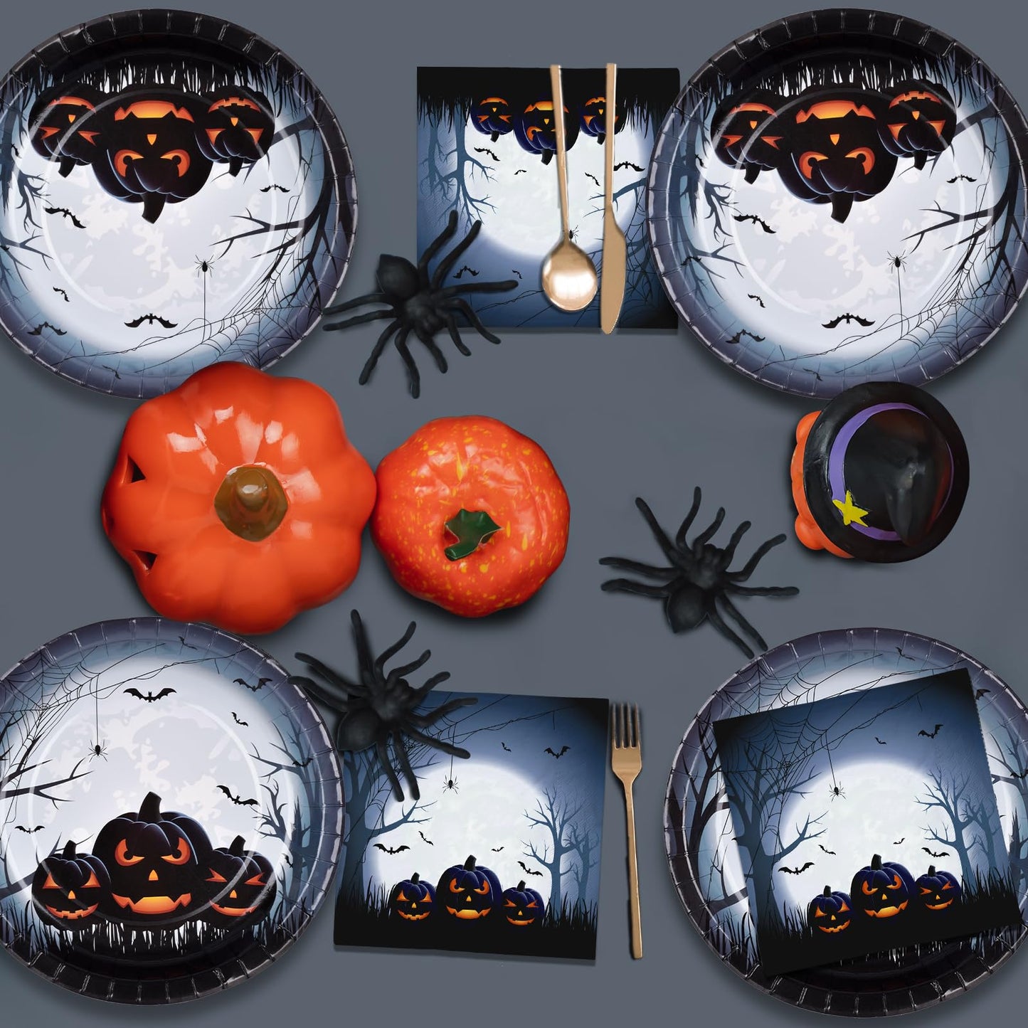 Gatherfun Halloween Party Supplies Anger Black Pumpkin Disposable 10 inch Big Paper Plates and Paper Napkins for Spooky Halloween Party Decorations Serve 50