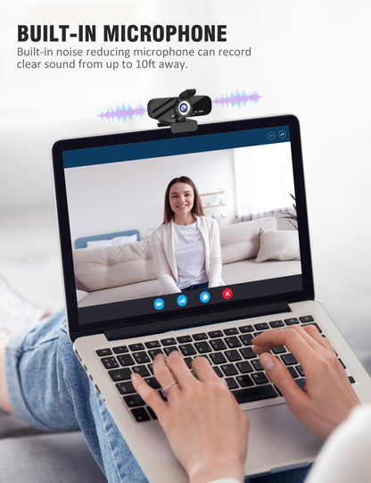 Full HD Webcam with Built-in Microphone and Rotatable Tripod, 1080P Video and Wide Angle Camera, Privacy Cover, for Desktop PC or Laptop Computer