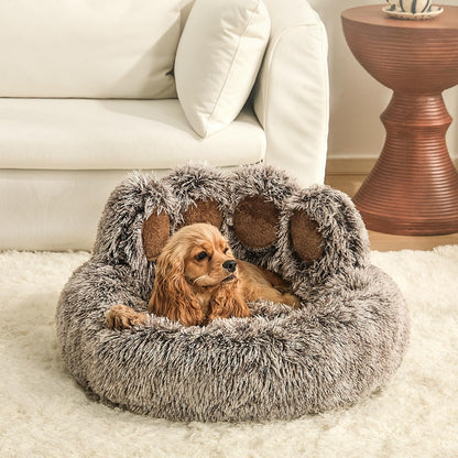 Jiupety Paw Shape Calming Pet Bed, Plush Faux Fur Donut Bed for Dogs & Cats, Machine Washable, Non-Slip Bottom, Large Size (26"×26"×8"), Gray