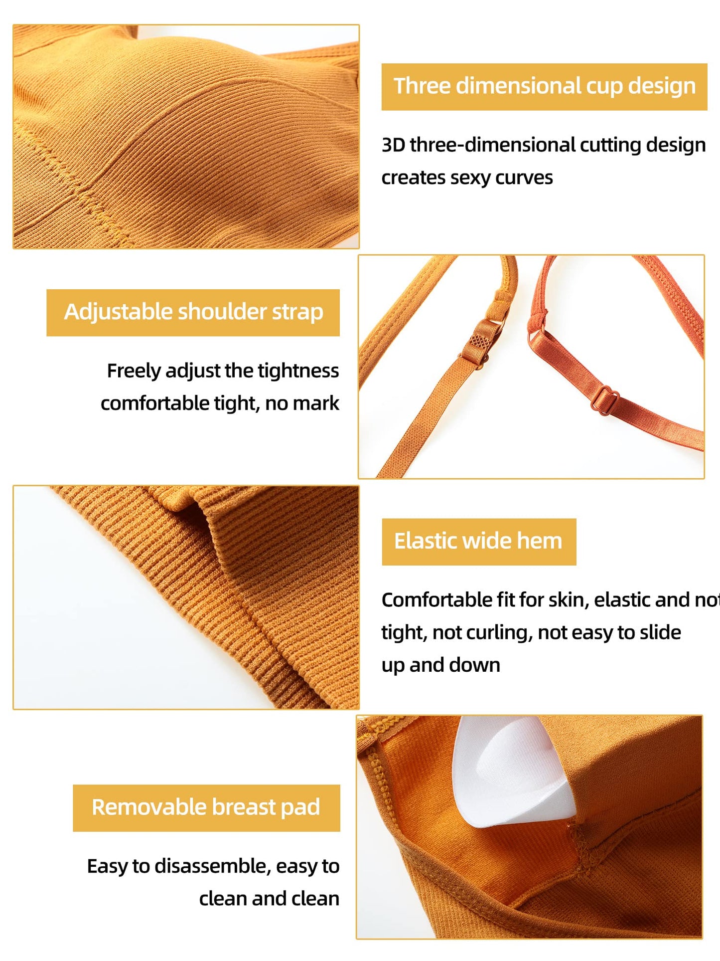 Geyoga 6 Pieces Sleep Bra Bralettes for Women with Support Crop Tank Top Cami Bra Padded Bralettes with Adjustable Straps (Simple Colors, Medium)