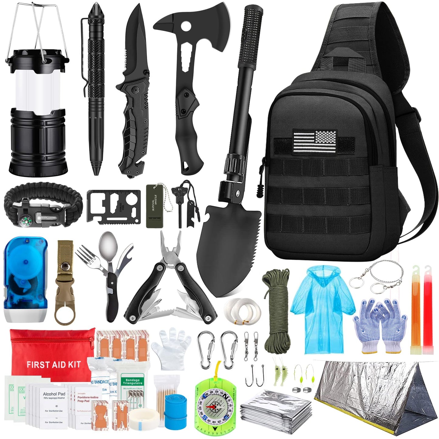 Emergency Survival Kit, 151 Pcs Survival Gear First Aid Kit, Outdoor Trauma Bag with Tactical Flashlight Knife Pliers Pen Blanket Bracelets Compass for Camping Earthquake or Adventures (Black)