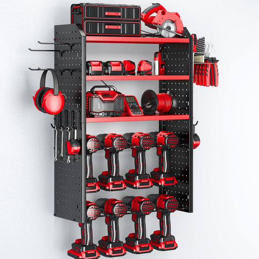 KAFAHOM Power Tool Organizer, Large 8 Drill Holder Wall Mount with 2 Side Pegboards,5 Layer Heavy Duty Metal Tool Storage Rack, Tool Shelf for Garage Organization, Utility Battery Shelves - Red