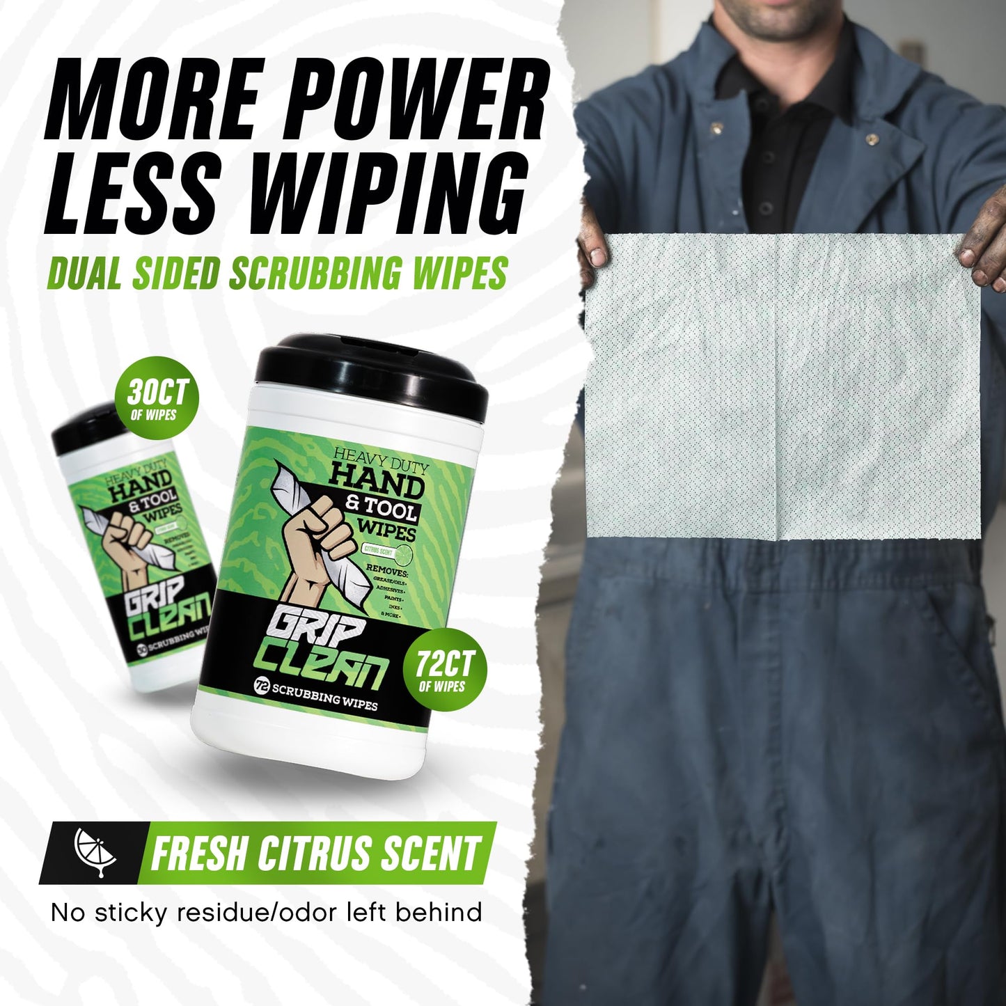 Grip Clean Cleaning Wipes – Hand Cleaner for Mechanics, Heavy-Duty Hand Wipes for Grease & Oil, Cleaning Wipes All Purpose for Tools & Surfaces, Waterless Hand Cleaner, Citrus Scented (30ct)
