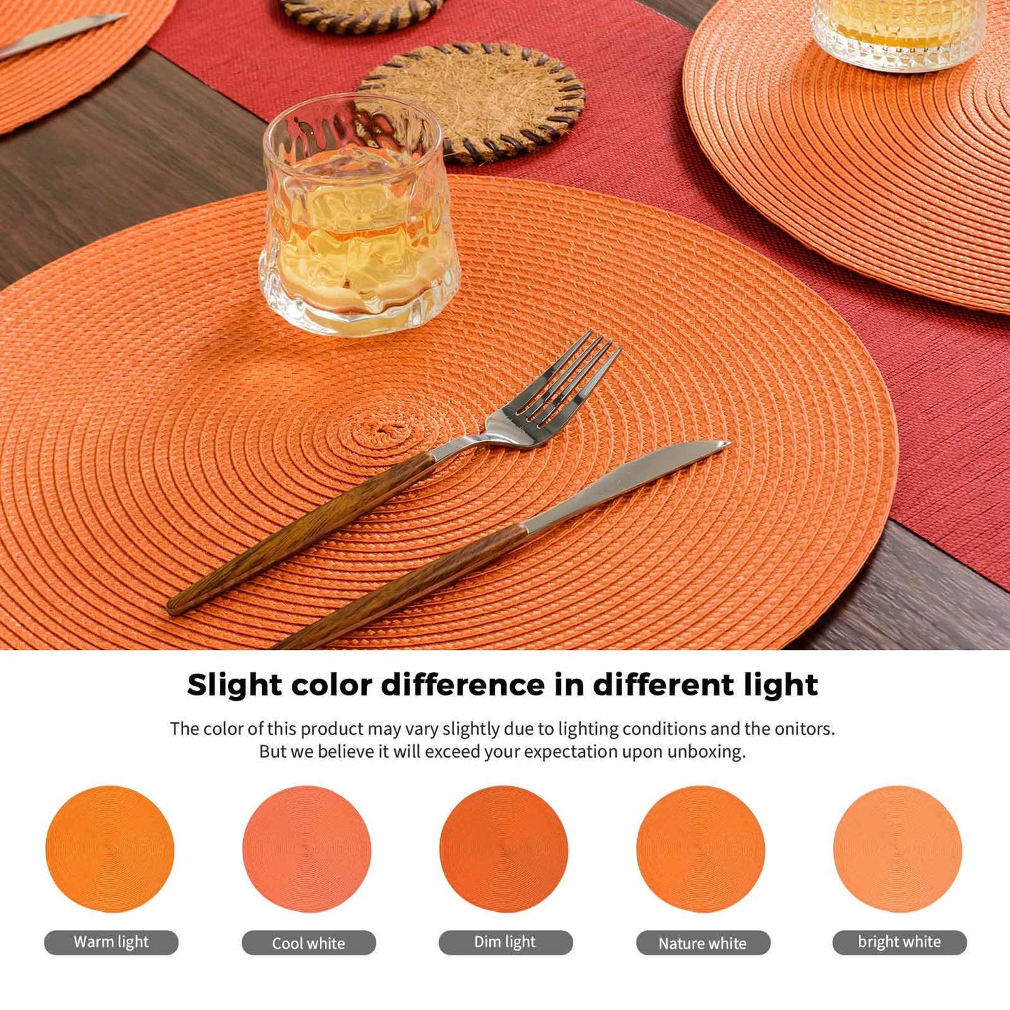 FunWheat Round Braided Placemats Set of 6 Table Mats for Dining Tables Woven Washable Non-Slip Place mats 15 inch(Orange, 6pcs)