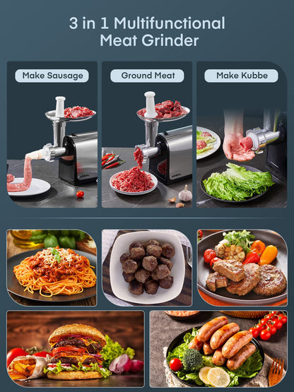 Electric Meat Grinder, Sausage Stuffer with 3 Sausage Tubes, 2 Blades, 3 Plates, 3200W Max, Meat Grinder Heavy Duty for Home Kitchen Use, Stainless Steel (Black)