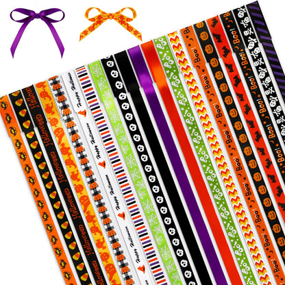 20 Rolls 40 Yards Halloween Ribbons Thin Grosgrain Ghost Skull Pumpkin Spider Witch Printed Ribbon 3/8" for Halloween Craft Wrapping Holiday DIY Party Decoration