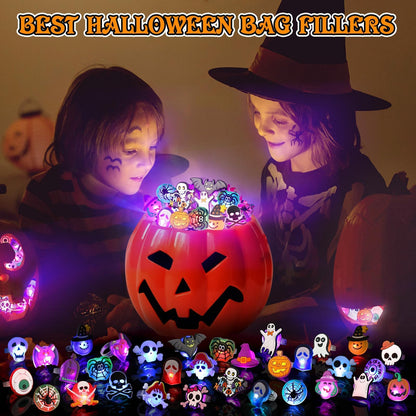 Coluans Halloween Treats 25Pcs Halloween Party Favors for Kids Adults LED Ring Halloween Accessories Light Up Rings Halloween Toys Flash Rings Non Candy Gift Bag Fillers New Version