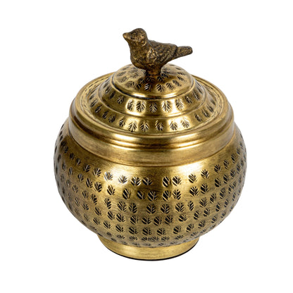 Creative Co-Op Round Hammered Metal Container with Bird Finial, Brass Finish