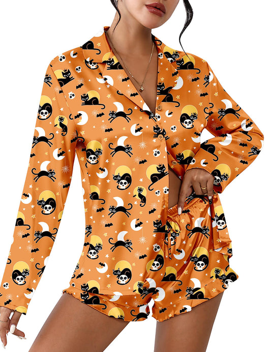 Ekouaer Womens Satin Pajama Sets Long Sleeve Top and Shorts Lounge Set Button Down Sleepwear Striped Halloween L