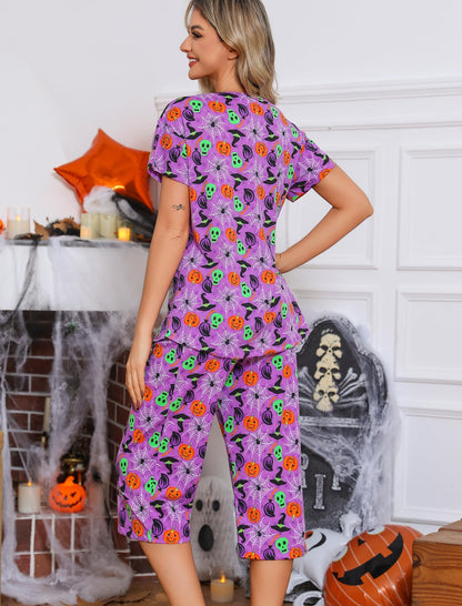 ENJOYNIGHT Womens Pajama Sets Cotton Summer Pjs Tops with Capri Pants Sleepwear (PU-Spider, XX-Large)
