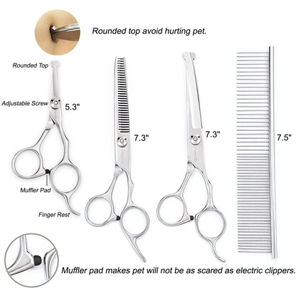 Freewindo Dog Grooming Scissors Kit, Safety Round Tip, Heavy Duty Stainless Steel Dog Scissors and Nail Clippers, 6 in 1 Dog Grooming Kit
