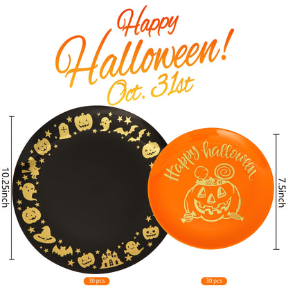 ISFANGCO 60 PCS Plastic Spoof Plates Set for 30 Guests-30 Black Dinner Plates with Gold Ghost Spider,30 Orange Dessert Plate with Gold Pumpkin Lantern
