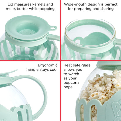Ecolution Patented Micro-Pop Microwave Popcorn Popper with Temperature Safe Glass, 3-in-1 Lid Measures Kernels and Melts Butter, Made Without BPA, Dishwasher Safe, 3-Quart, Aqua